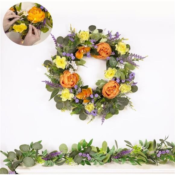 22'' Peony Floral Summer Fall Wreaths for Front Door & Lights Timer - Picture 7 of 8